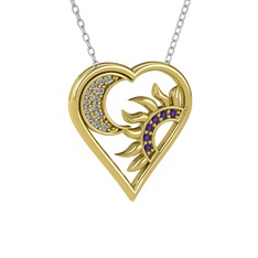 Ay ve Güneş Kalp Kolye - Swarovski ve ametist 14 ayar altın kolye (40 cm gümüş rolo zincir) #1n00at3