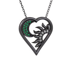 Ay ve Güneş Kalp Kolye - Yeşil kuvars ve swarovski 925 ayar siyah rodyum kaplama gümüş kolye (40 cm gümüş rolo zincir) #1nfzkt9