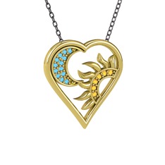 Ay ve Güneş Kalp Kolye - Akuamarin ve sitrin 18 ayar altın kolye (40 cm gümüş rolo zincir) #1nst2gt