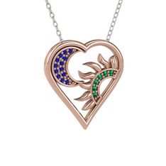 Ay ve Güneş Kalp Kolye - Lab safir ve yeşil kuvars 925 ayar rose altın kaplama gümüş kolye (40 cm beyaz altın rolo zincir) #1pecjqy