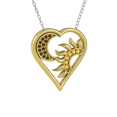 Ay ve Güneş Kalp Kolye - Dumanlı kuvars ve sitrin 925 ayar altın kaplama gümüş kolye (40 cm gümüş rolo zincir) #1pslp2c