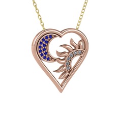 Ay ve Güneş Kalp Kolye - Lab safir ve pırlanta 18 ayar rose altın kolye (0.06 karat, 40 cm altın rolo zincir) #1q9jr8x