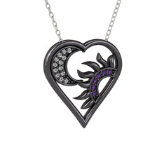 Ay ve Güneş Kalp Kolye - Swarovski ve ametist 925 ayar siyah rodyum kaplama gümüş kolye (40 cm gümüş rolo zincir) #1qzn4ur