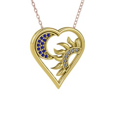 Ay ve Güneş Kalp Kolye - Lab safir ve pırlanta 8 ayar altın kolye (0.06 karat, 40 cm rose altın rolo zincir) #1r3u68c