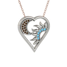 Ay ve Güneş Kalp Kolye - Dumanlı kuvars ve akuamarin 18 ayar beyaz altın kolye (40 cm rose altın rolo zincir) #1up16pu