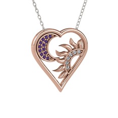 Ay ve Güneş Kalp Kolye - Ametist ve swarovski 925 ayar rose altın kaplama gümüş kolye (40 cm gümüş rolo zincir) #1w0d4jq