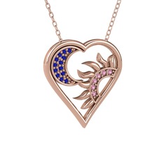Lab safir ve pembe kuvars 14 ayar rose altın kolye (40 cm rose altın rolo zincir)