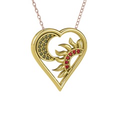 Ay ve Güneş Kalp Kolye - Peridot ve garnet 8 ayar altın kolye (40 cm gümüş rolo zincir) #1x91cvo