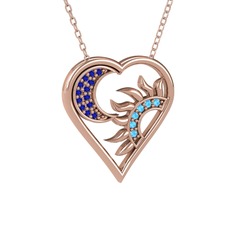 Ay ve Güneş Kalp Kolye - Lab safir ve akuamarin 18 ayar rose altın kolye (40 cm rose altın rolo zincir) #26n746