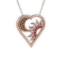 Ay ve Güneş Kalp Kolye - Dumanlı kuvars ve rodolit garnet 14 ayar rose altın kolye (40 cm gümüş rolo zincir) #286949