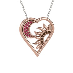 Ay ve Güneş Kalp Kolye - Rodolit garnet ve dumanlı kuvars 18 ayar rose altın kolye (40 cm beyaz altın rolo zincir) #2e05fq