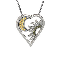 Ay ve Güneş Kalp Kolye - Sitrin ve peridot 18 ayar beyaz altın kolye (40 cm gümüş rolo zincir) #33s8w