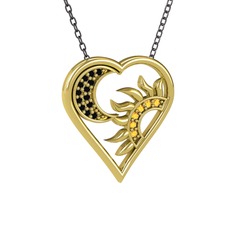 Ay ve Güneş Kalp Kolye - Siyah zirkon ve sitrin 18 ayar altın kolye (40 cm gümüş rolo zincir) #46a1hx