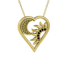 Ay ve Güneş Kalp Kolye - Peridot ve siyah zirkon 14 ayar altın kolye (40 cm gümüş rolo zincir) #4jbxnl