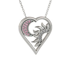 Ay ve Güneş Kalp Kolye - Pembe kuvars ve swarovski 925 ayar gümüş kolye (40 cm gümüş rolo zincir) #5ut77