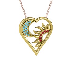 Ay ve Güneş Kalp Kolye - Akuamarin ve garnet 8 ayar altın kolye (40 cm rose altın rolo zincir) #7rlx4u