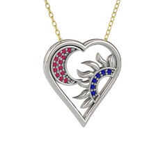 Ay ve Güneş Kalp Kolye - Rodolit garnet ve lab safir 14 ayar beyaz altın kolye (40 cm altın rolo zincir) #abhgir