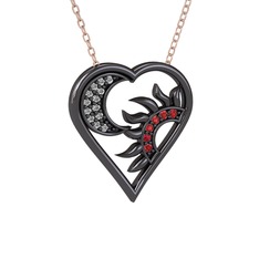 Ay ve Güneş Kalp Kolye - Swarovski ve garnet 925 ayar siyah rodyum kaplama gümüş kolye (40 cm rose altın rolo zincir) #au5evr