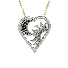 Ay ve Güneş Kalp Kolye - Siyah zirkon ve peridot 14 ayar beyaz altın kolye (40 cm altın rolo zincir) #f5gsij