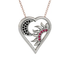 Siyah zirkon ve rodolit garnet 14 ayar beyaz altın kolye (40 cm rose altın rolo zincir)