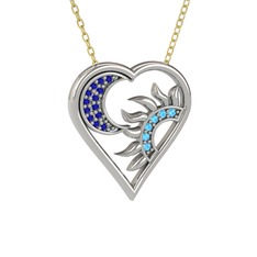 Ay ve Güneş Kalp Kolye - Lab safir ve akuamarin 18 ayar beyaz altın kolye (40 cm gümüş rolo zincir) #h58mra