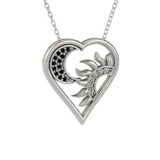 Ay ve Güneş Kalp Kolye - Siyah zirkon ve swarovski 14 ayar beyaz altın kolye (40 cm beyaz altın rolo zincir) #i4y2rt