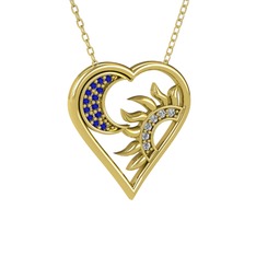 Ay ve Güneş Kalp Kolye - Lab safir ve swarovski 18 ayar altın kolye (40 cm altın rolo zincir) #kc91tk