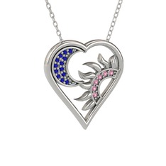 Ay ve Güneş Kalp Kolye - Lab safir ve pembe kuvars 14 ayar beyaz altın kolye (40 cm beyaz altın rolo zincir) #nk5dbj