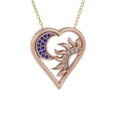 Ay ve Güneş Kalp Kolye - Lab safir ve beyaz zirkon 14 ayar rose altın kolye (40 cm altın rolo zincir) #no0a19