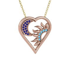 Lab safir ve akuamarin 925 ayar rose altın kaplama gümüş kolye (40 cm altın rolo zincir)