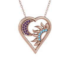 Ay ve Güneş Kalp Kolye - Ametist ve akuamarin 8 ayar rose altın kolye (40 cm rose altın rolo zincir) #pe0e1q