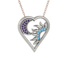 Ametist ve akuamarin 8 ayar beyaz altın kolye (40 cm gümüş rolo zincir)