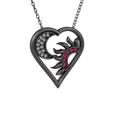 Ay ve Güneş Kalp Kolye - Swarovski ve rodolit garnet 925 ayar siyah rodyum kaplama gümüş kolye (40 cm gümüş rolo zincir) #sw0lg9