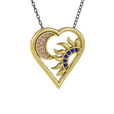 Pembe kuvars ve lab safir 18 ayar altın kolye (40 cm gümüş rolo zincir)