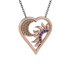 Ay ve Güneş Kalp Kolye - Peridot ve ametist 925 ayar rose altın kaplama gümüş kolye (40 cm gümüş rolo zincir) #tn6drc