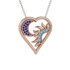 Lab safir ve akuamarin 925 ayar rose altın kaplama gümüş kolye (40 cm beyaz altın rolo zincir)