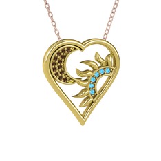 Ay ve Güneş Kalp Kolye - Dumanlı kuvars ve akuamarin 18 ayar altın kolye (40 cm rose altın rolo zincir) #ubwf90