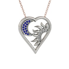 Ay ve Güneş Kalp Kolye - Lab safir ve beyaz zirkon 925 ayar gümüş kolye (40 cm rose altın rolo zincir) #v2uu3k