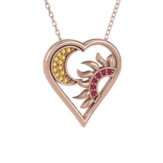 Ay ve Güneş Kalp Kolye - Sitrin ve rodolit garnet 925 ayar rose altın kaplama gümüş kolye (40 cm rose altın rolo zincir) #wcn58n