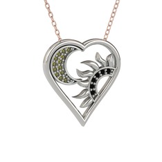 Peridot ve siyah zirkon 18 ayar beyaz altın kolye (40 cm rose altın rolo zincir)