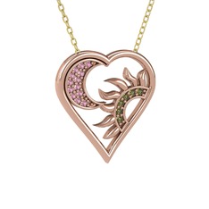 Ay ve Güneş Kalp Kolye - Pembe kuvars ve peridot 18 ayar rose altın kolye (40 cm altın rolo zincir) #wrgosz