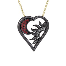 Ay ve Güneş Kalp Kolye - Garnet ve swarovski 925 ayar siyah rodyum kaplama gümüş kolye (40 cm altın rolo zincir) #ziaaq