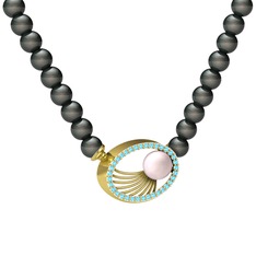 Pembe inci, siyah inci ve akuamarin 14 ayar altın kolye