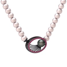 Siyah inci, pembe inci ve rodolit garnet 925 ayar siyah rodyum kaplama gümüş kolye