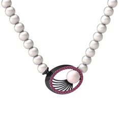 Pembe inci, inci ve rodolit garnet 925 ayar siyah rodyum kaplama gümüş kolye