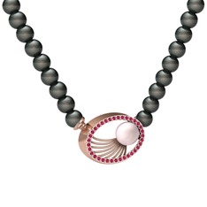 Pembe inci, siyah inci ve rodolit garnet 8 ayar rose altın kolye