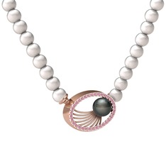 Siyah inci, inci ve pembe kuvars 8 ayar rose altın kolye