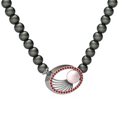 Pembe inci, siyah inci ve garnet 18 ayar beyaz altın kolye