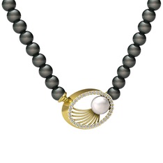 Inci, siyah inci ve beyaz zirkon 8 ayar altın kolye