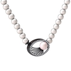 Misha İnci Kolye - Pembe inci, inci ve swarovski 925 ayar siyah rodyum kaplama gümüş kolye #pwk113